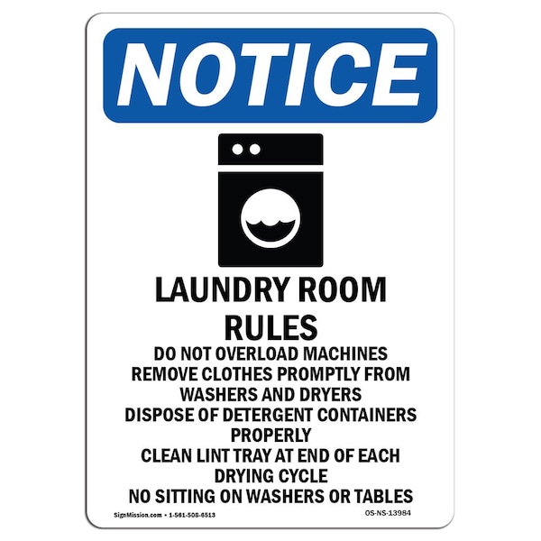 Safety Sign, OSHA Notice, 5" Height, Laundry Room Rules Sign With Symbol, Portrait, 10PK